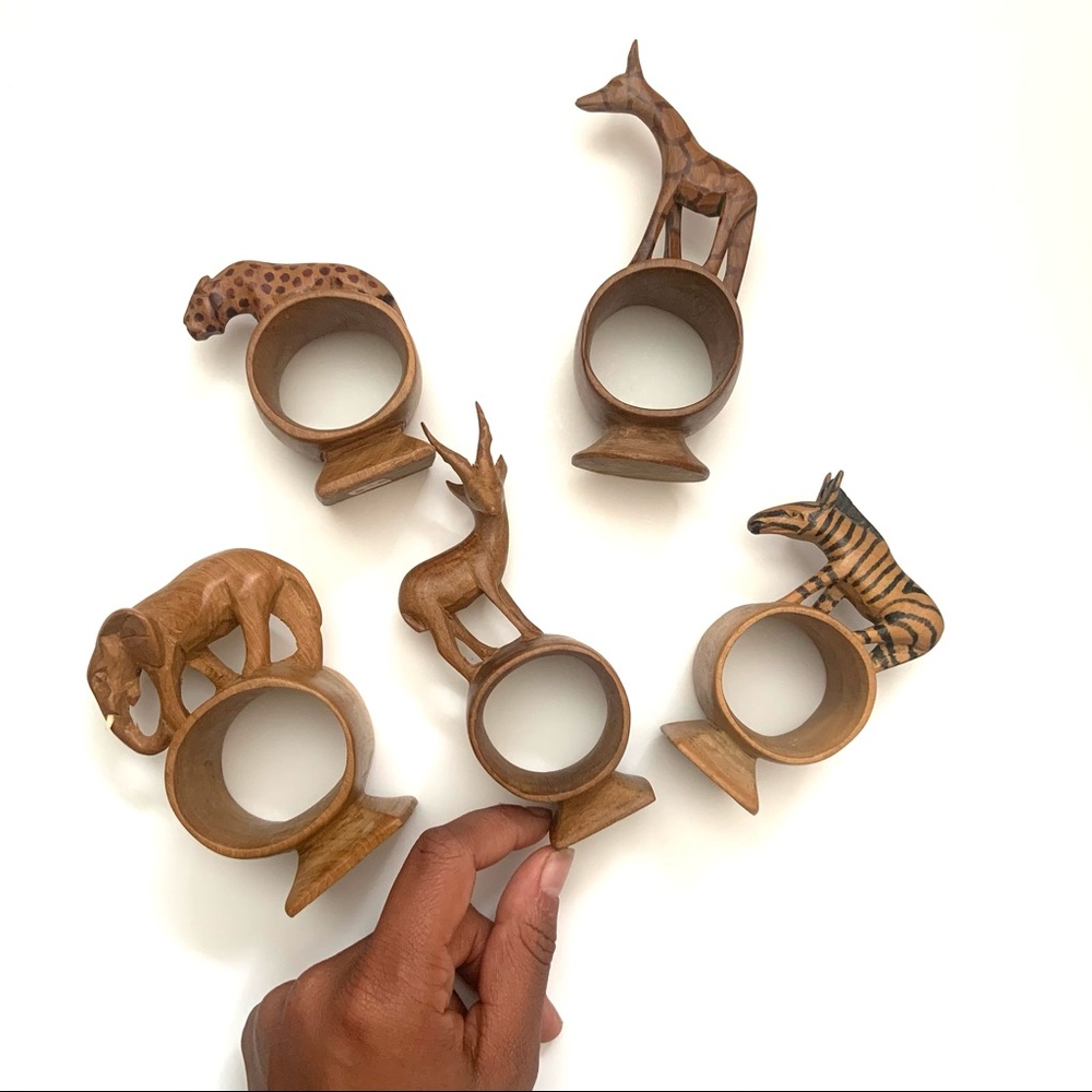 Hand Carved Wooden Animal Napkin Rings Set of 5